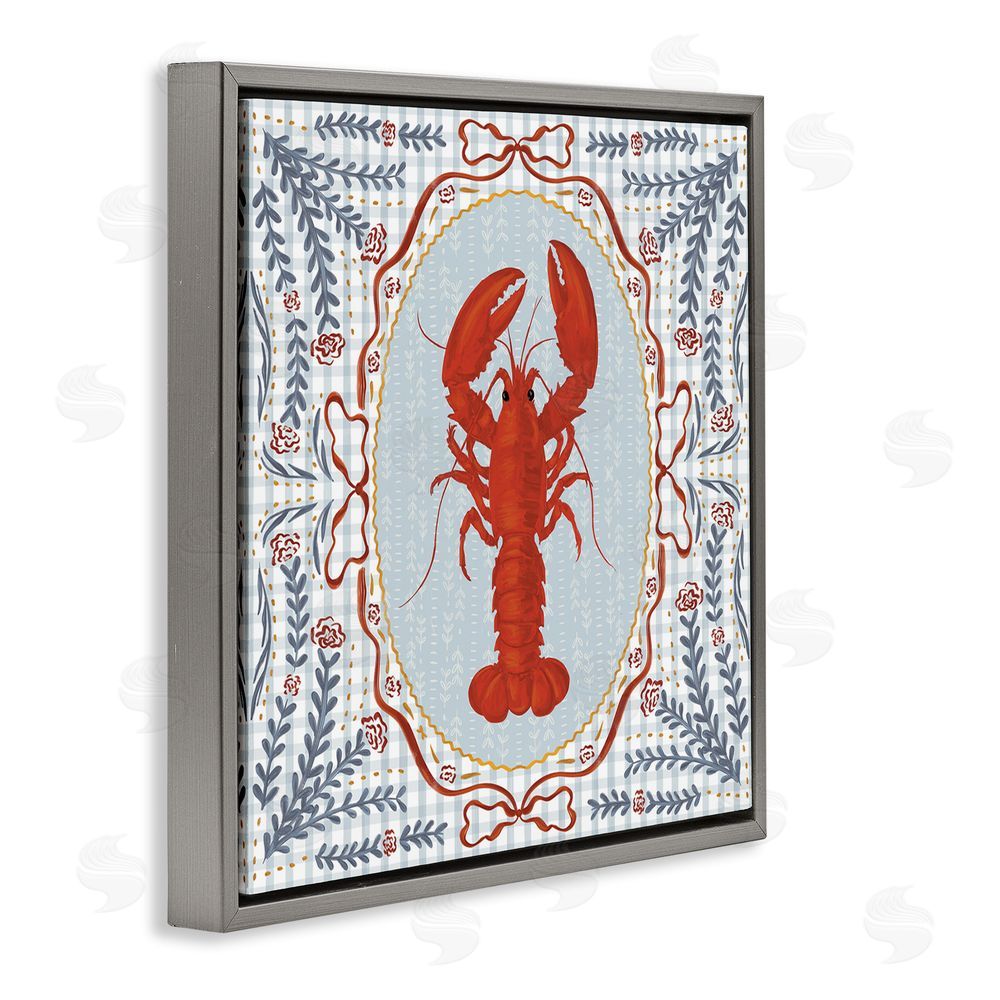 Vero Illustrates Lobster Portrait Blue Gingham Gray Floating Framed Canvas Wall Art
