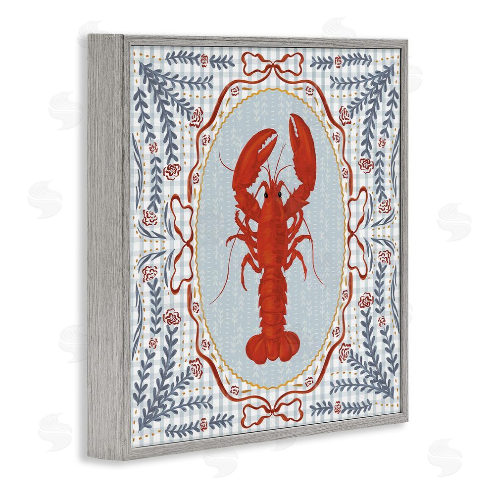 Vero Illustrates Lobster Portrait Blue Gingham Gray Framed Giclee Wall Art