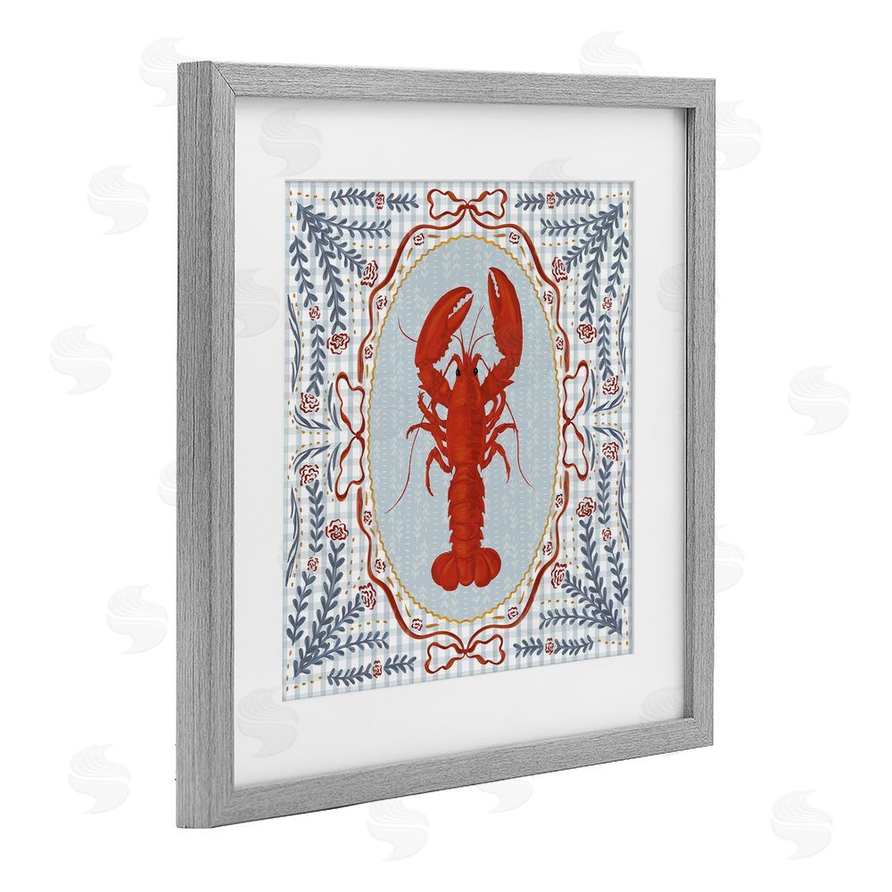 Vero Illustrates Lobster Portrait Blue Gingham Gray Framed Print Under Glass Wall Art
