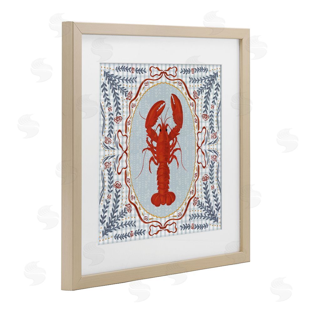 Vero Illustrates Lobster Portrait Blue Gingham Brown Framed Print Under Glass Wall Art