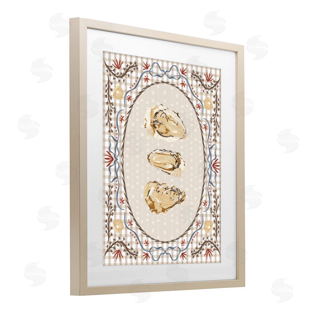 Vero Illustrates Vintage Oyster Trio Brown Framed Print Under Glass with White Mat Wall Art