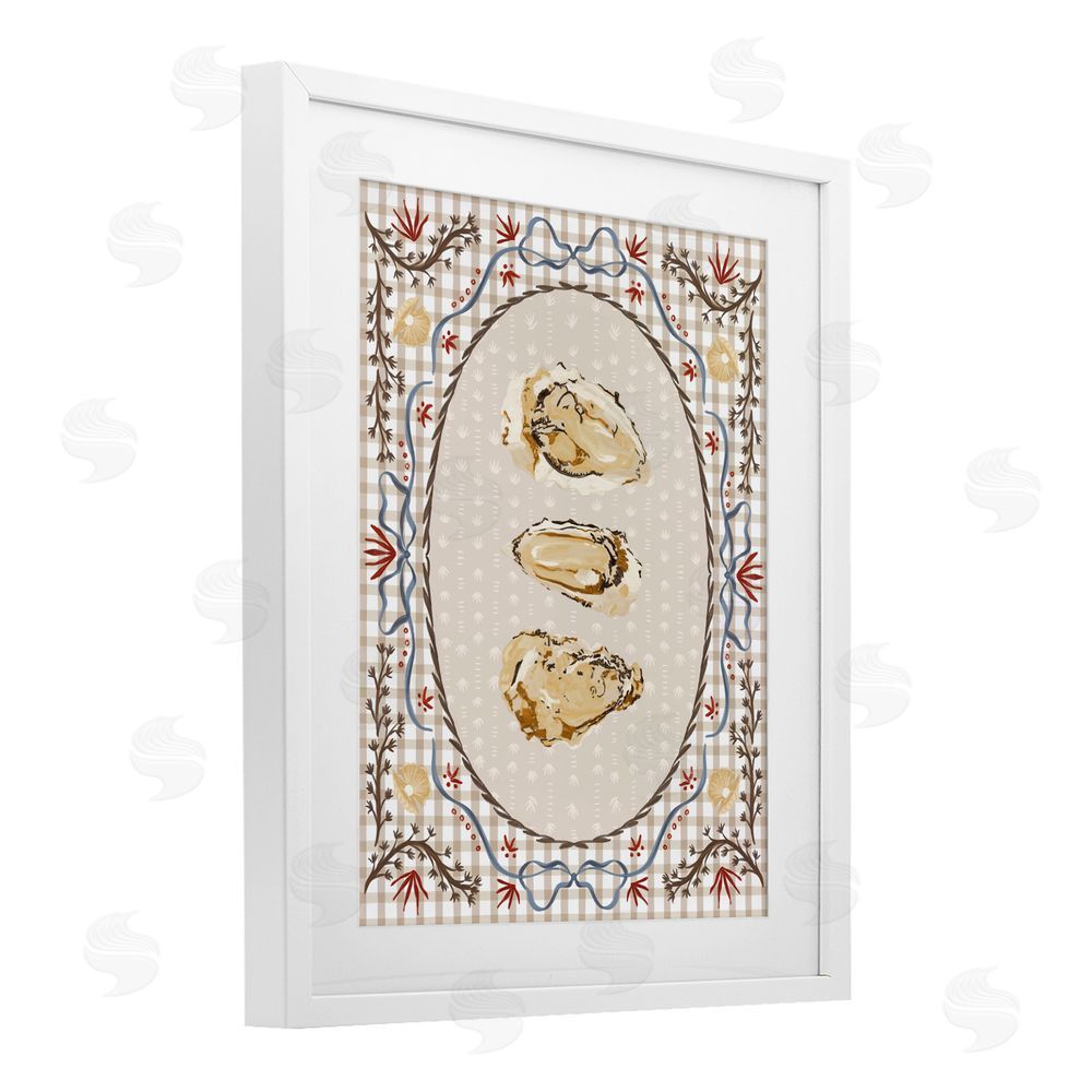 Vero Illustrates Vintage Oyster Trio White Framed Print Under Glass with White Mat Wall Art