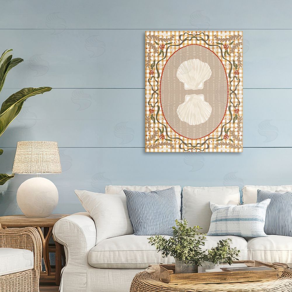 Vero Illustrates Vintage Shells on Gingham Stretched Canvas on Wall