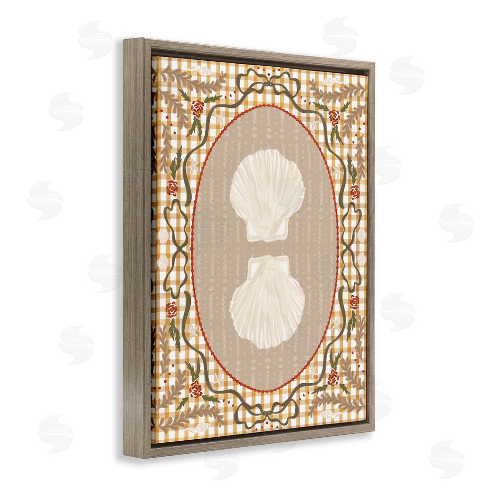 Vero Illustrates Vintage Shells on Gingham Brown Floating Framed Canvas Wall Art Print
