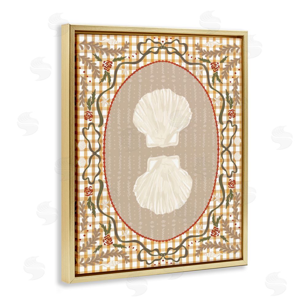 Vero Illustrates Vintage Shells on Gingham Gold Floating Framed Canvas Wall Art Print