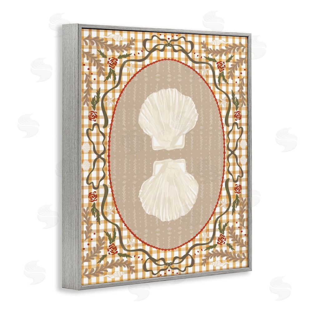 Vero Illustrates Vintage Shells on Gingham Gray Framed Giclee Wall Art Print