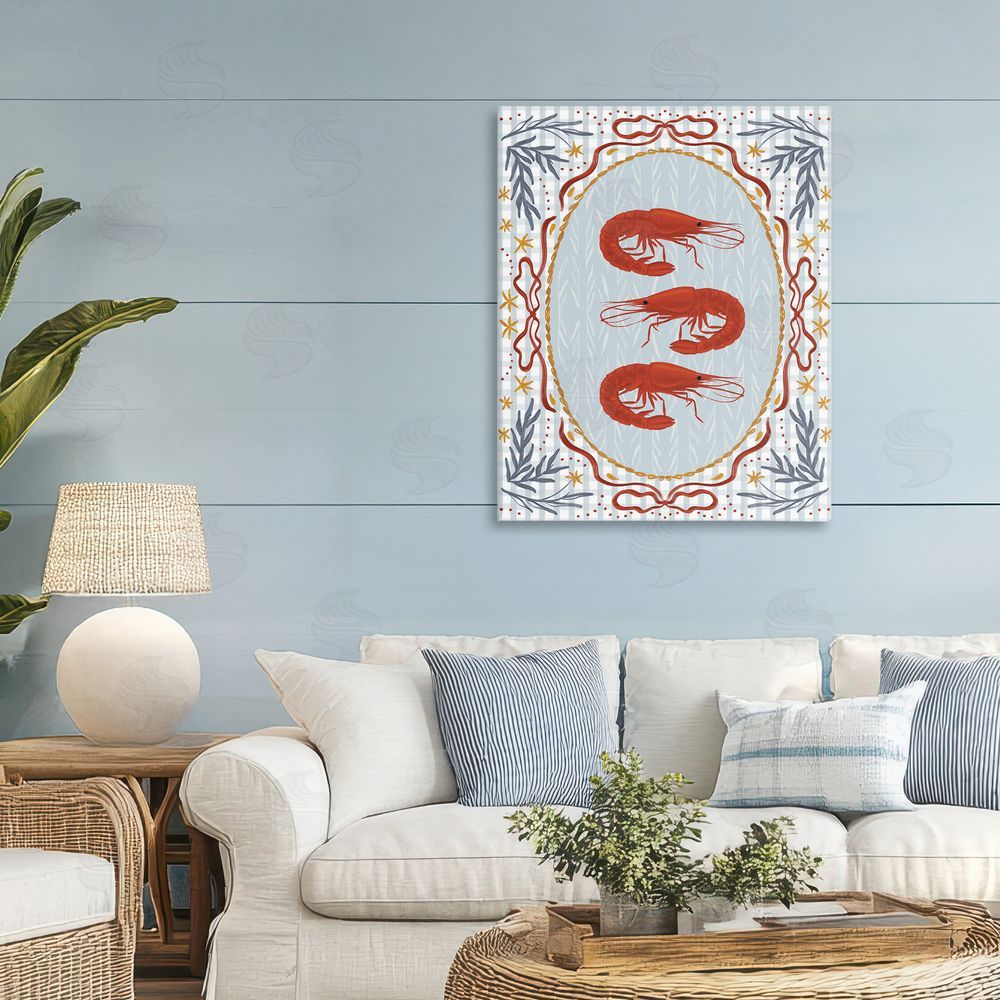 Vero Illustrates Three Red Prawns on Gingham Stretched Canvas on Wall