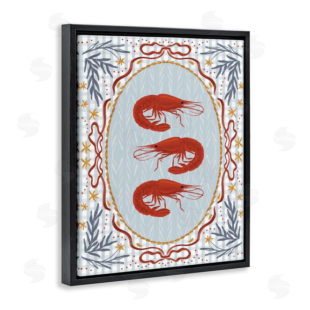 Vero Illustrates Three Red Prawns on Gingham Black Floating Framed Canvas Wall Art Print