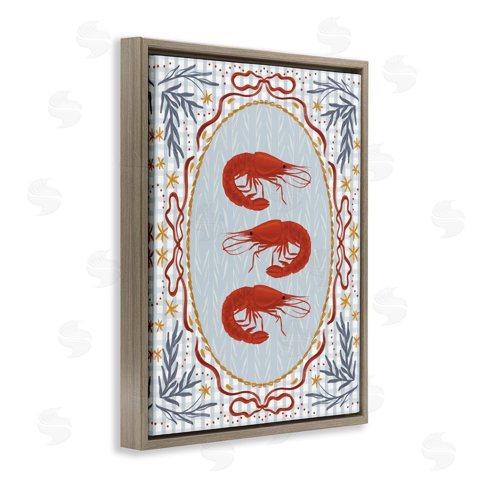 Vero Illustrates Three Red Prawns on Gingham Brown Floating Framed Canvas Wall Art Print