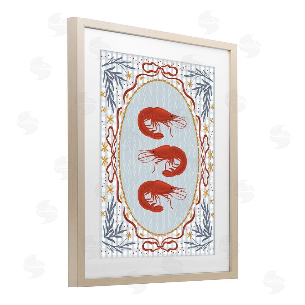 Vero Illustrates Three Red Prawns on Gingham Brown Framed Print Under Glass with White Mat Wall Art