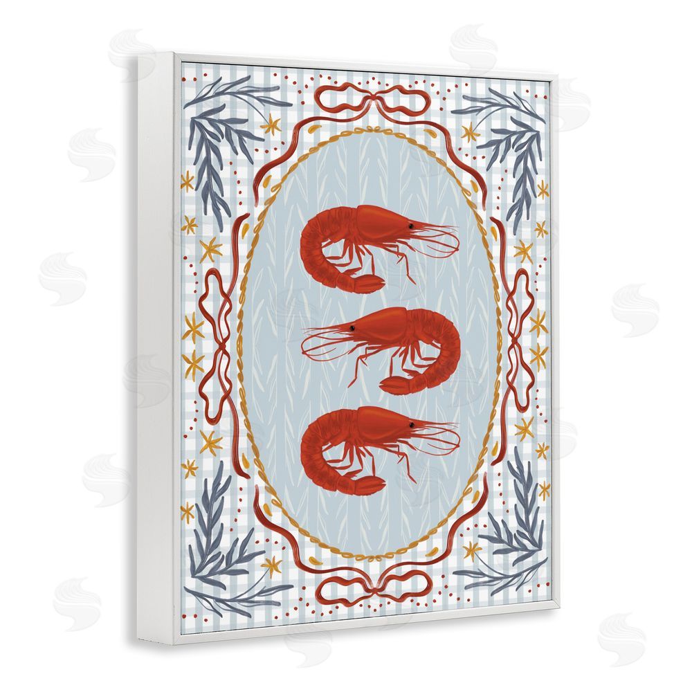Vero Illustrates Three Red Prawns on Gingham White Framed Giclee Wall Art Print