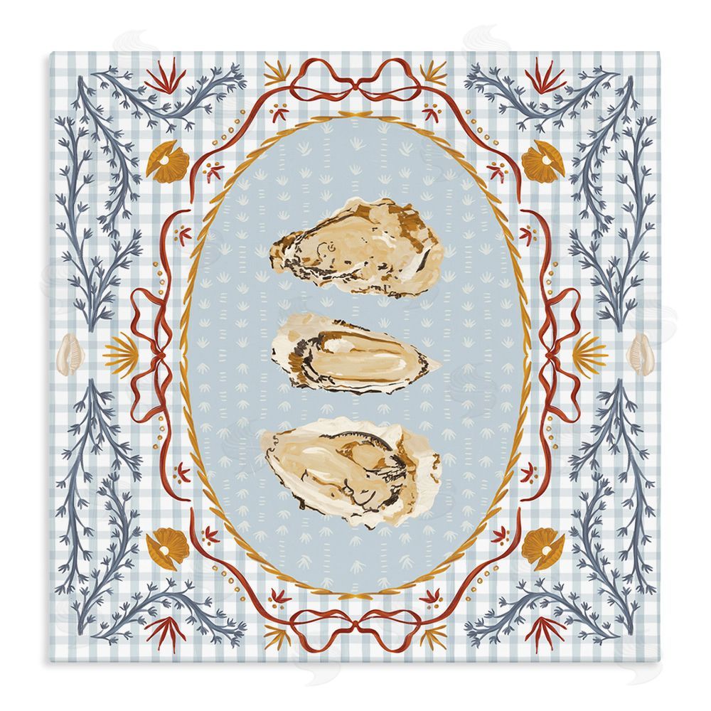 Vero Illustrates Oyster Trio on Blue Gingham Stretched Canvas Wall Art