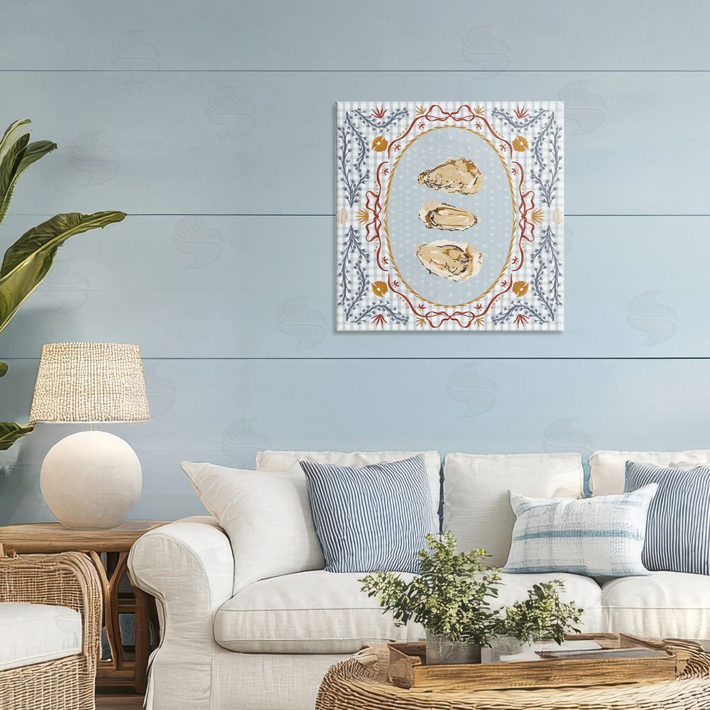 Vero Illustrates Oyster Trio on Blue Gingham Stretched Canvas Wall Art in Room