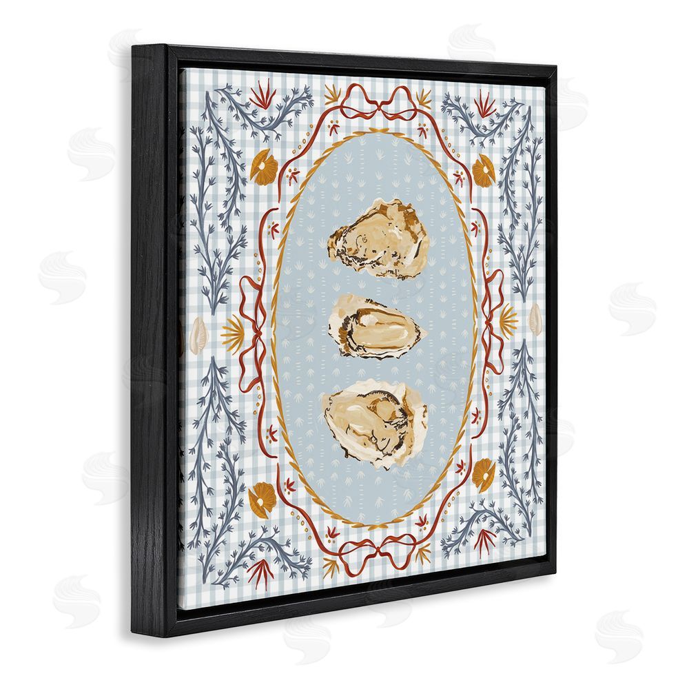 Vero Illustrates Oyster Trio on Blue Gingham Black Floating Framed Canvas Wall Art