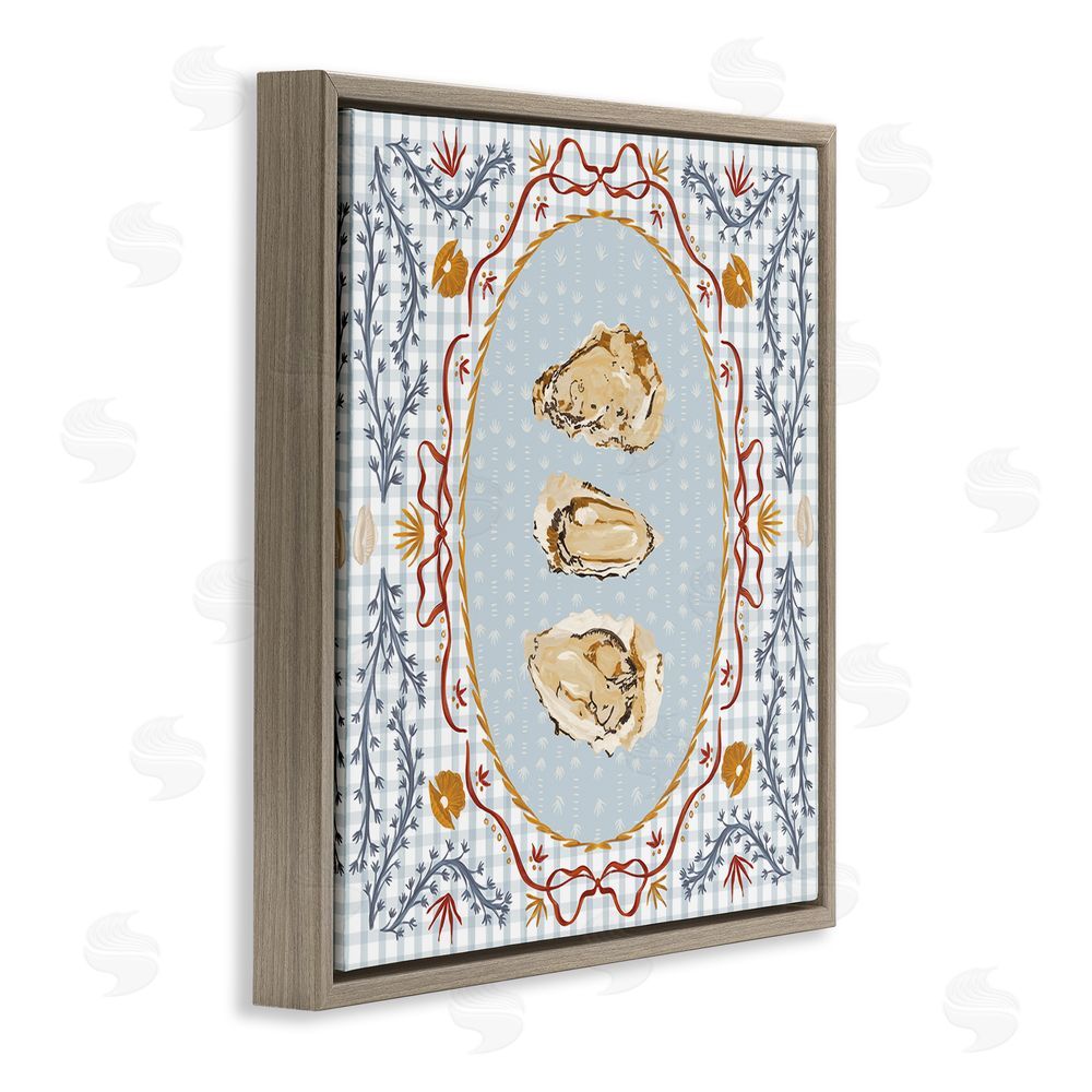 Vero Illustrates Oyster Trio on Blue Gingham Brown Floating Framed Canvas Wall Art