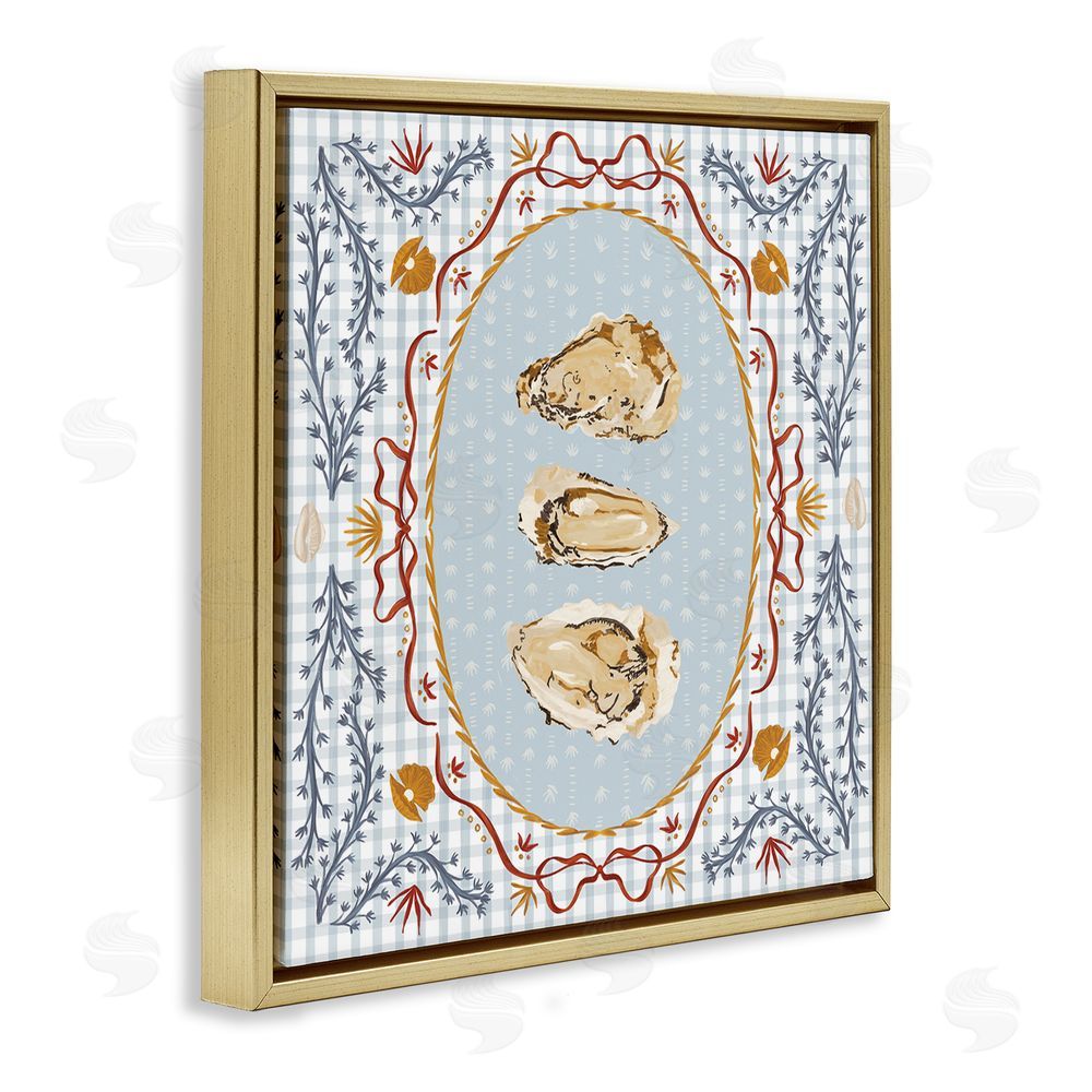 Vero Illustrates Oyster Trio on Blue Gingham Gold Floating Framed Canvas Wall Art