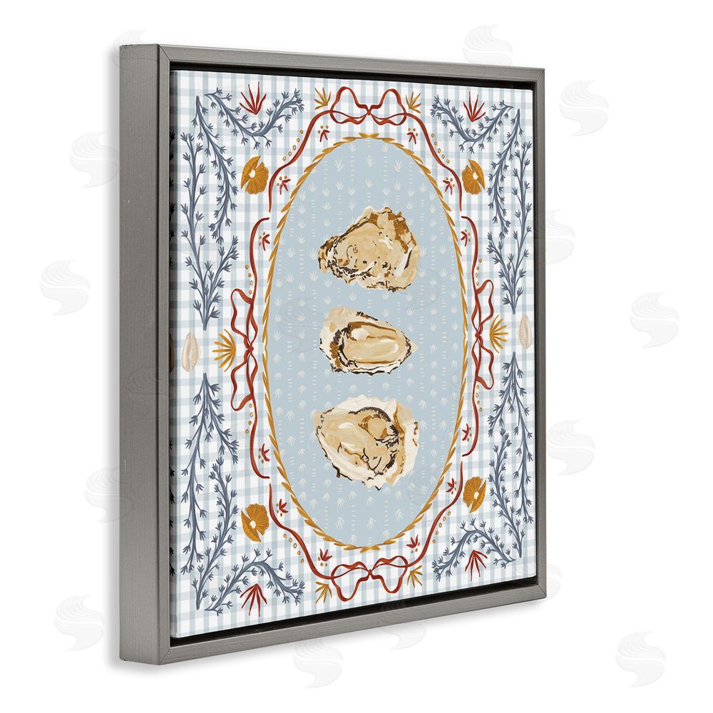 Vero Illustrates Oyster Trio on Blue Gingham Gray Floating Framed Canvas Wall Art