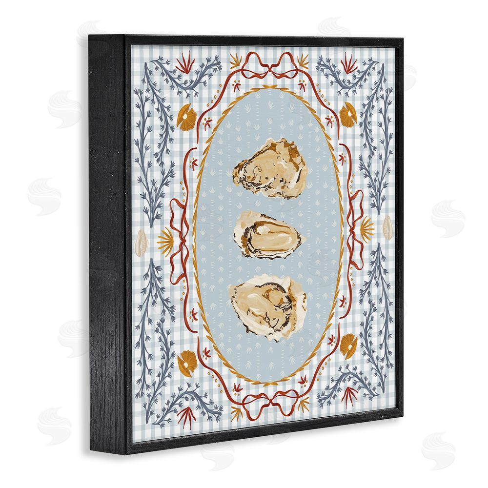 Vero Illustrates Oyster Trio on Blue Gingham Black Framed Giclee Wall Art
