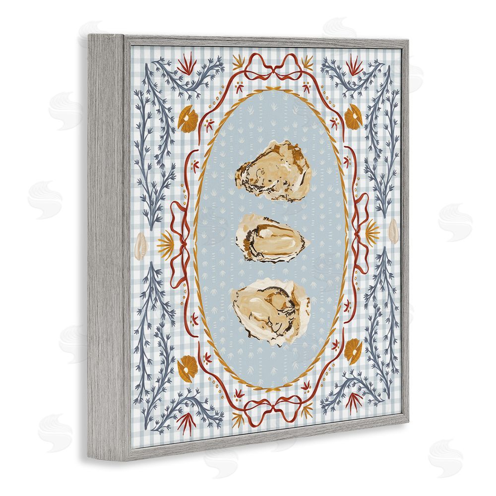 Vero Illustrates Oyster Trio on Blue Gingham Gray Framed Giclee Wall Art