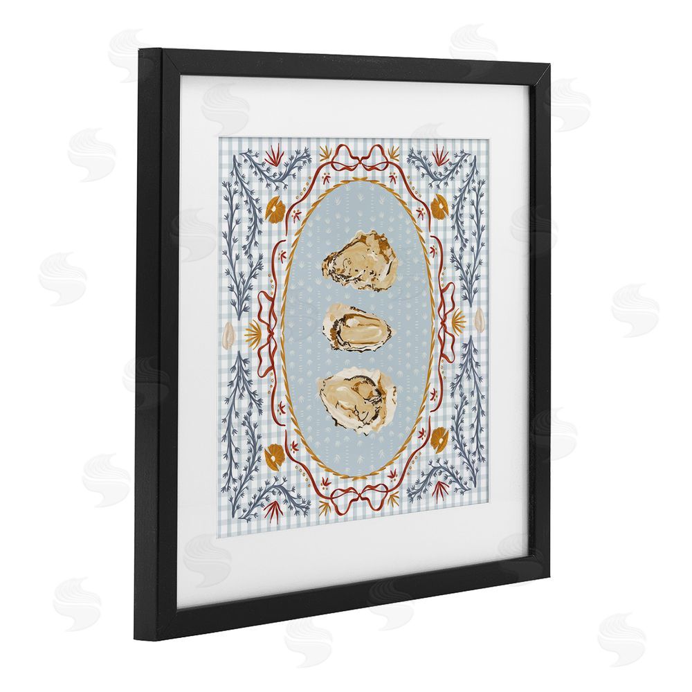 Vero Illustrates Oyster Trio on Blue Gingham Black Framed Print Under Glass Wall Art