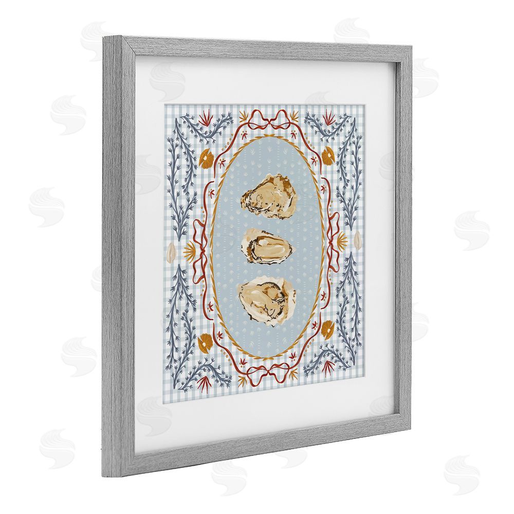 Vero Illustrates Oyster Trio on Blue Gingham Gray Framed Print Under Glass Wall Art