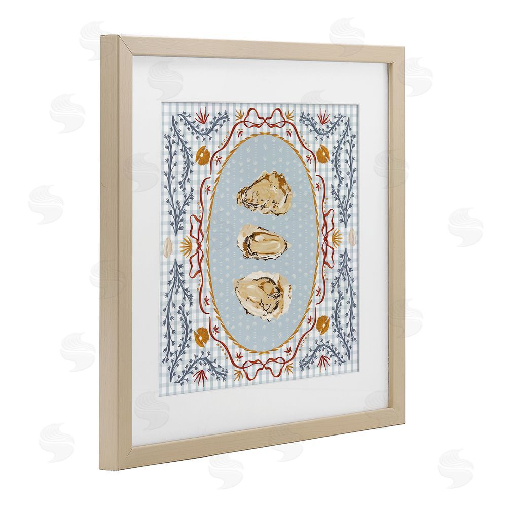 Vero Illustrates Oyster Trio on Blue Gingham Brown Framed Print Under Glass Wall Art