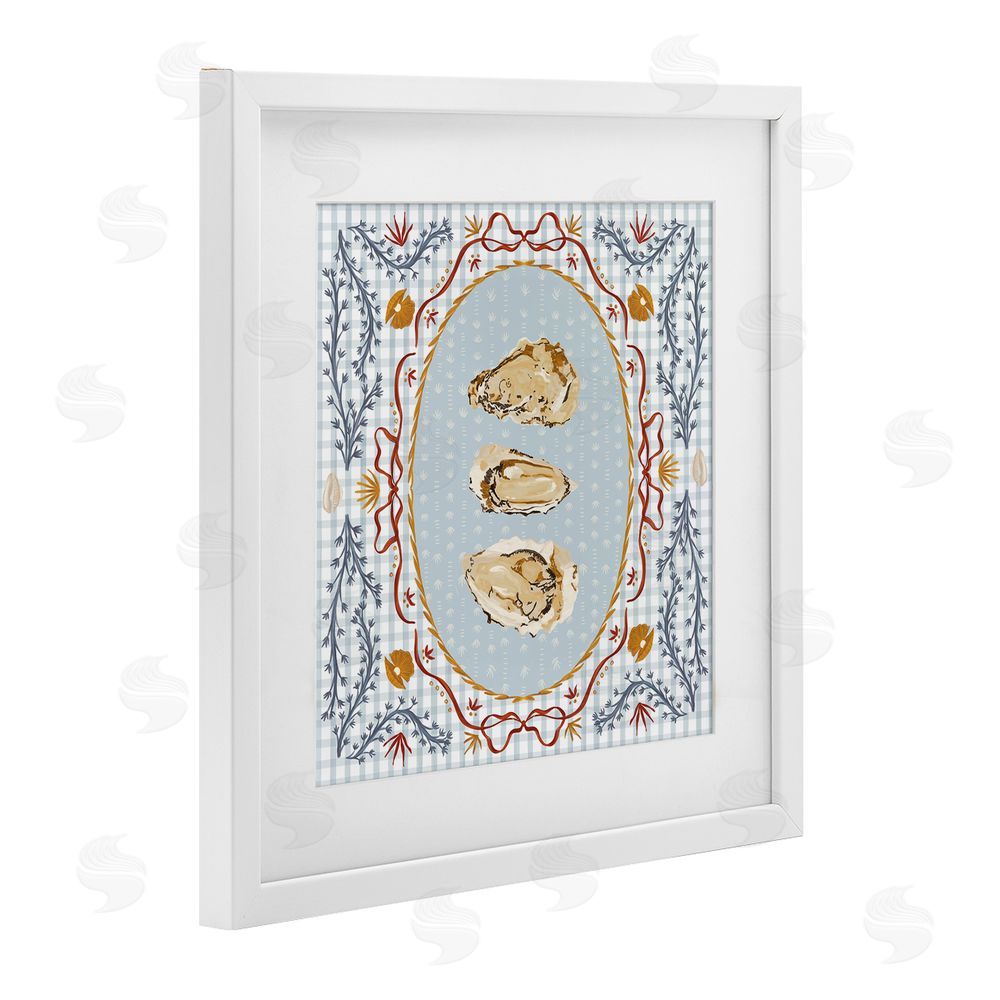 Vero Illustrates Oyster Trio on Blue Gingham White Framed Print Under Glass Wall Art