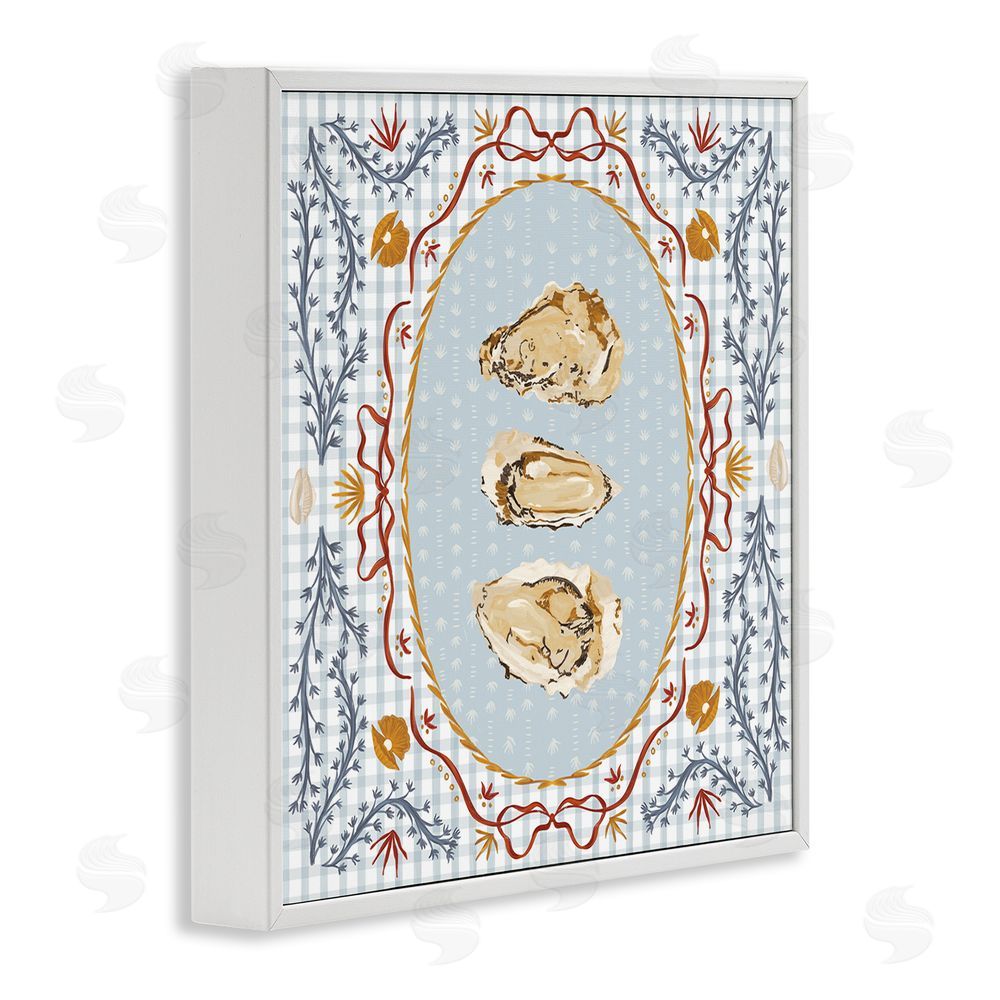 Vero Illustrates Oyster Trio on Blue Gingham White Framed Giclee Wall Art