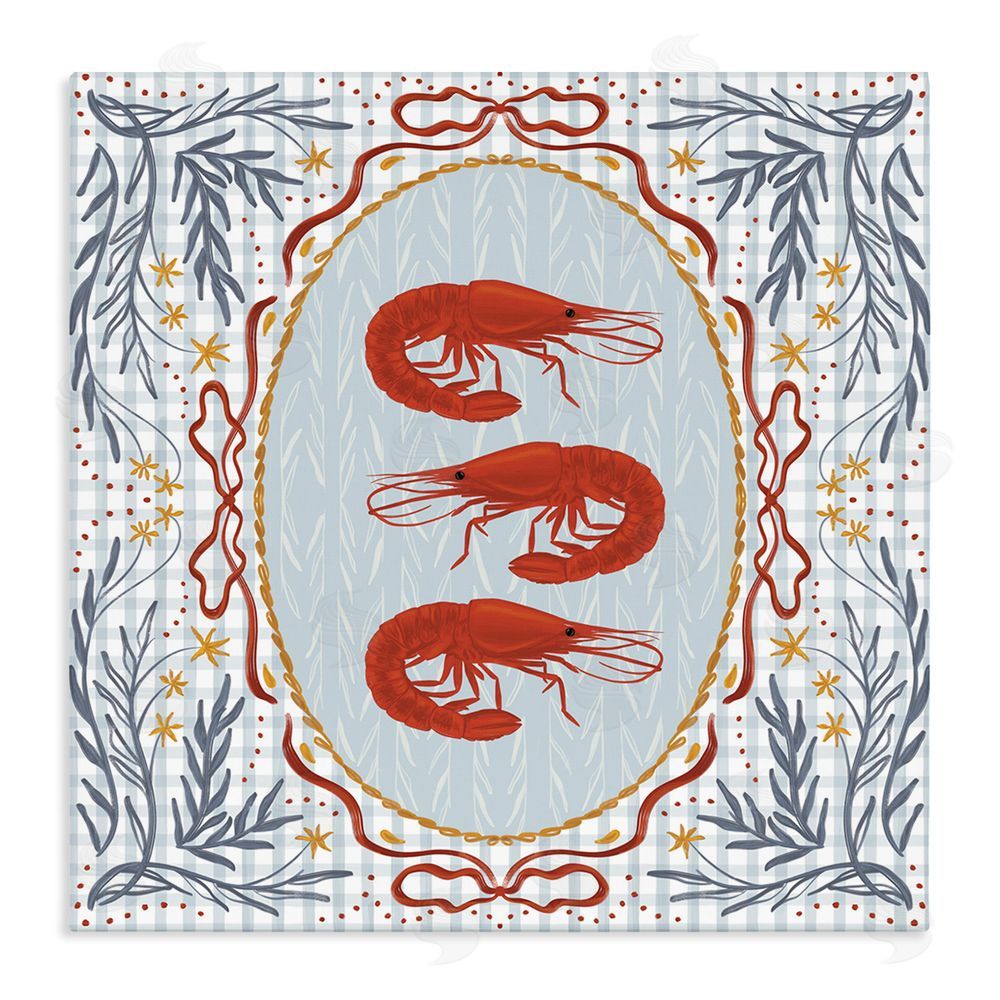 Vero Illustrates Prawn Trio on Blue Gingham Stretched Canvas Wall Art