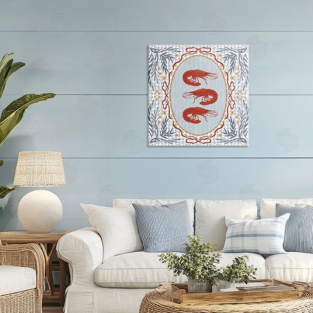 Vero Illustrates Prawn Trio on Blue Gingham Stretched Canvas Wall Art in Room