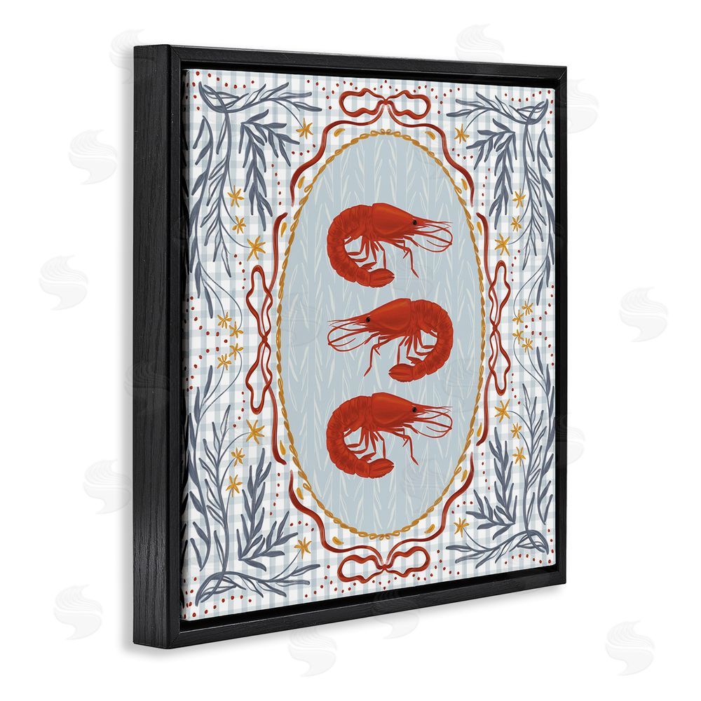 Vero Illustrates Prawn Trio on Blue Gingham Black Floating Framed Canvas Wall Art