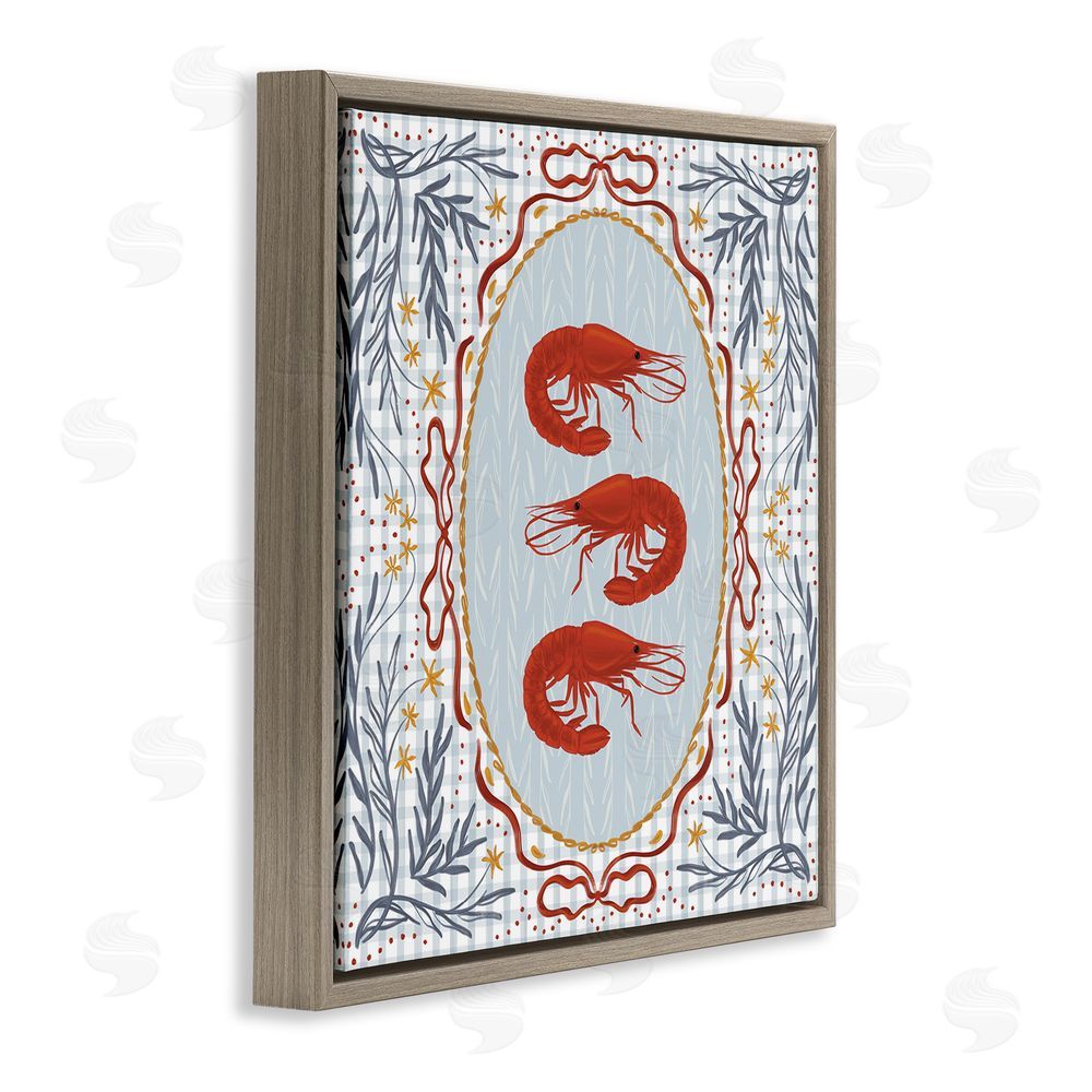 Vero Illustrates Prawn Trio on Blue Gingham Brown Floating Framed Canvas Wall Art