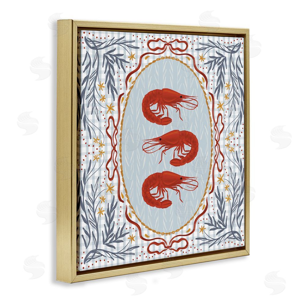 Vero Illustrates Prawn Trio on Blue Gingham Gold Floating Framed Canvas Wall Art