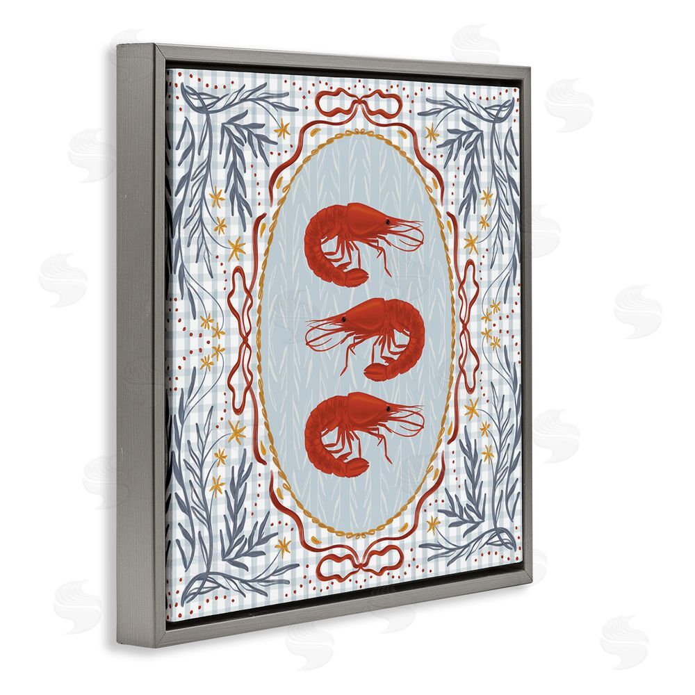 Vero Illustrates Prawn Trio on Blue Gingham Gray Floating Framed Canvas Wall Art