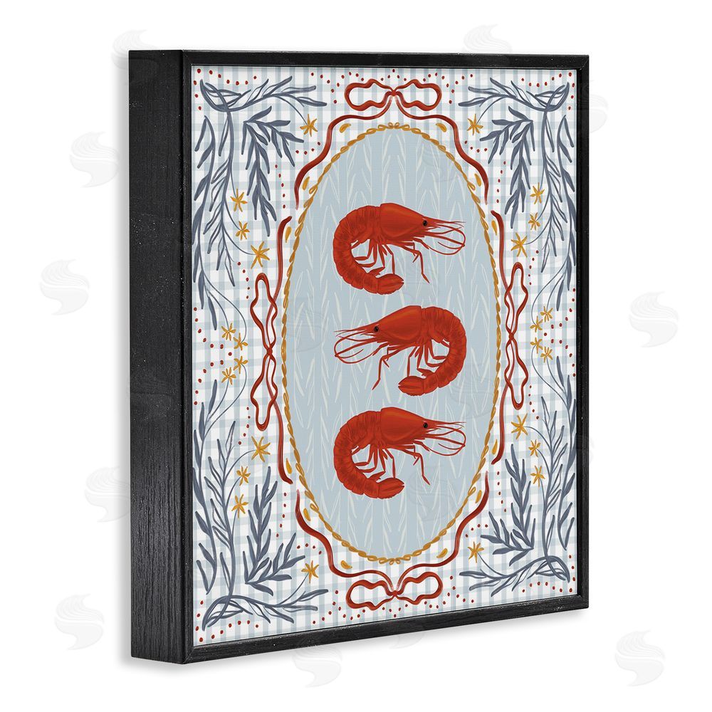 Vero Illustrates Prawn Trio on Blue Gingham Black Framed Giclee Wall Art