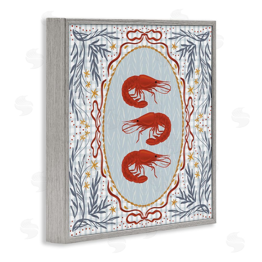 Vero Illustrates Prawn Trio on Blue Gingham Gray Framed Giclee Wall Art