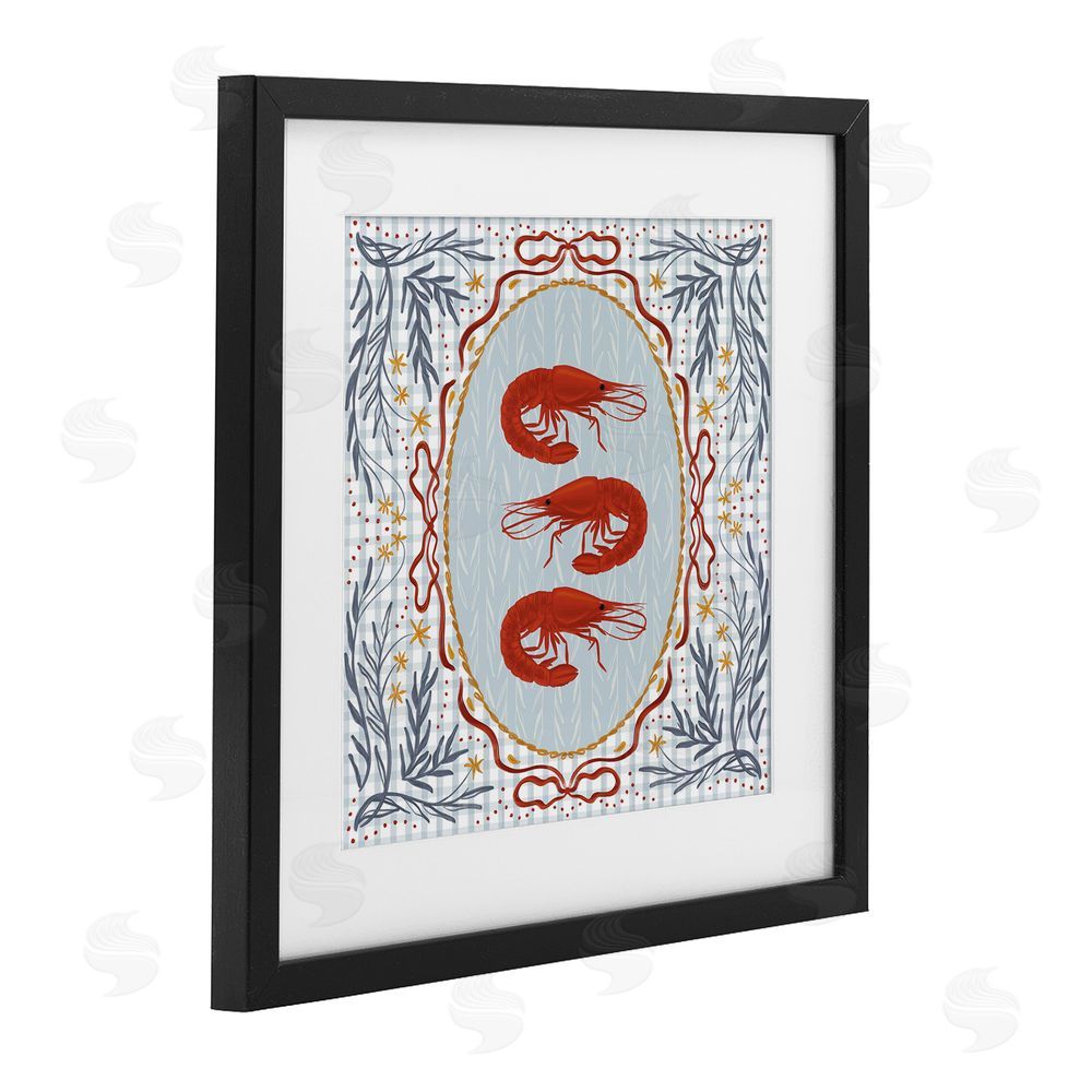 Vero Illustrates Prawn Trio on Blue Gingham Black Framed Print Under Glass Wall Art