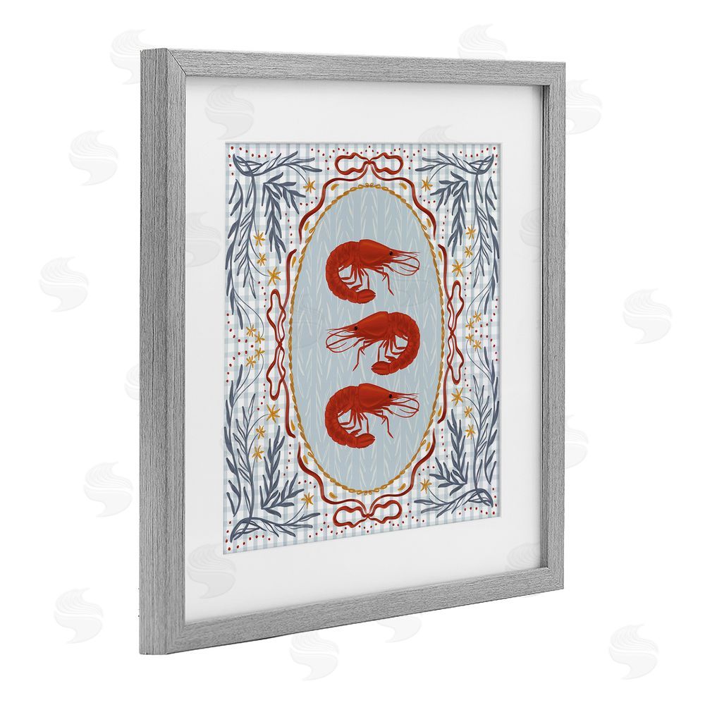 Vero Illustrates Prawn Trio on Blue Gingham Gray Framed Print Under Glass Wall Art