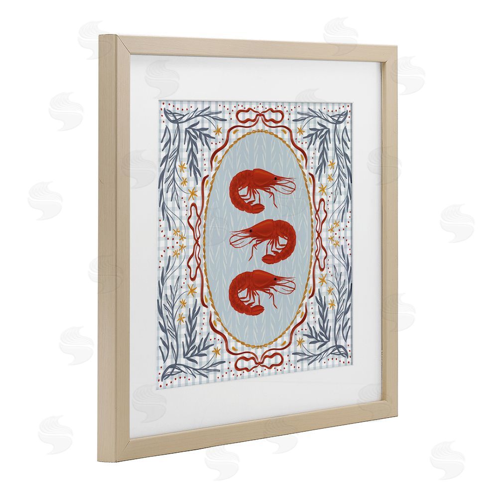 Vero Illustrates Prawn Trio on Blue Gingham Brown Framed Print Under Glass Wall Art