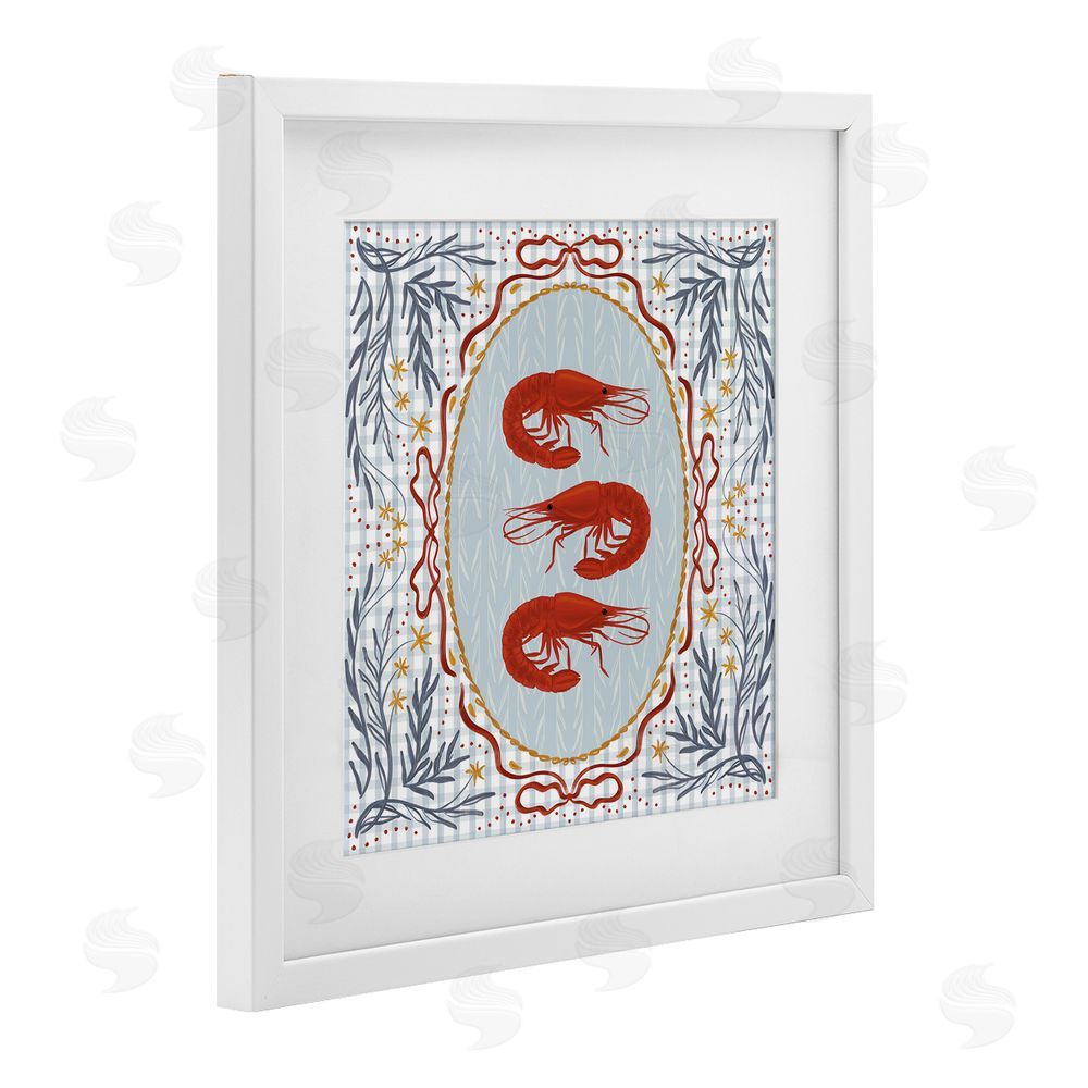 Vero Illustrates Prawn Trio on Blue Gingham White Framed Print Under Glass Wall Art
