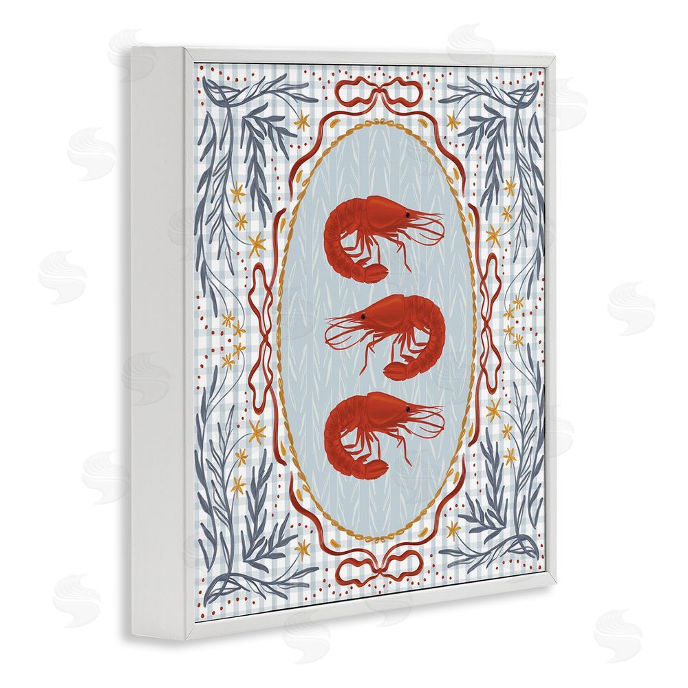 Vero Illustrates Prawn Trio on Blue Gingham White Framed Giclee Wall Art