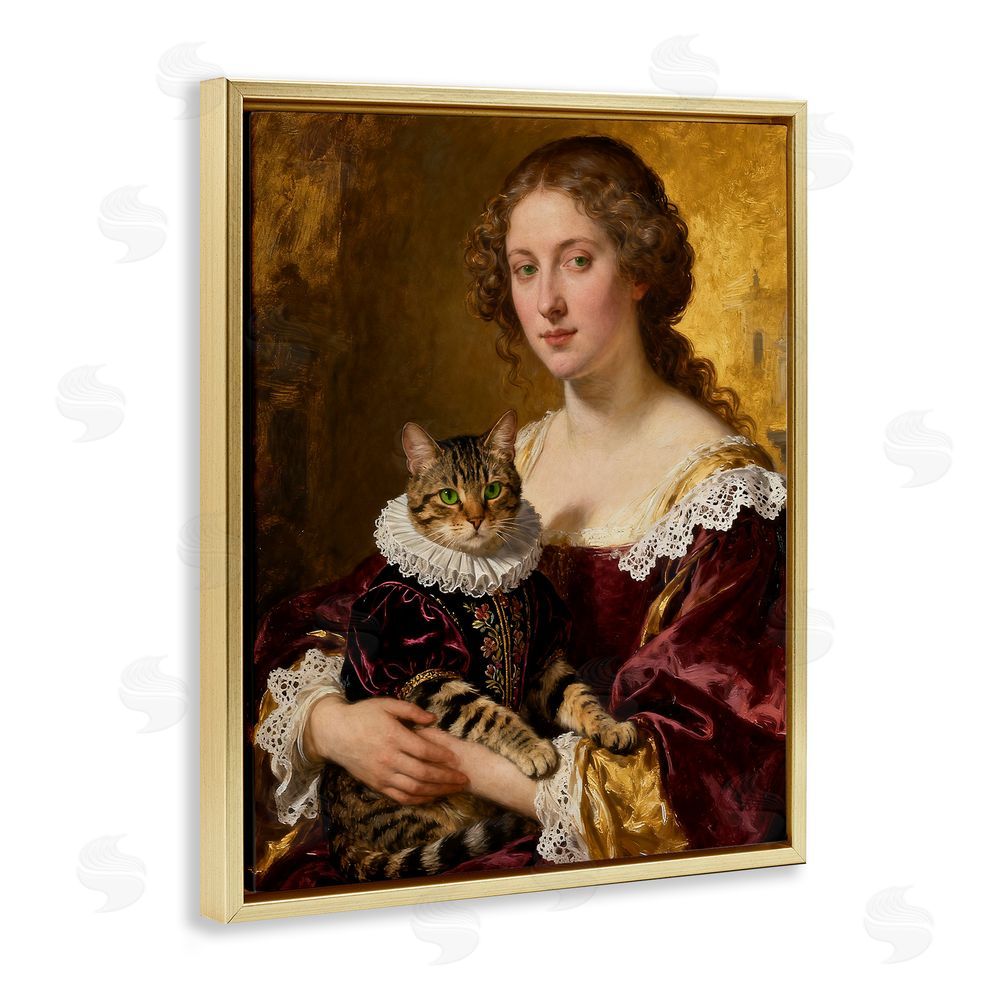 CAD Designs Renaissance Lady with Regal Cat Gold Floating Frame Canvas Wall Art Print