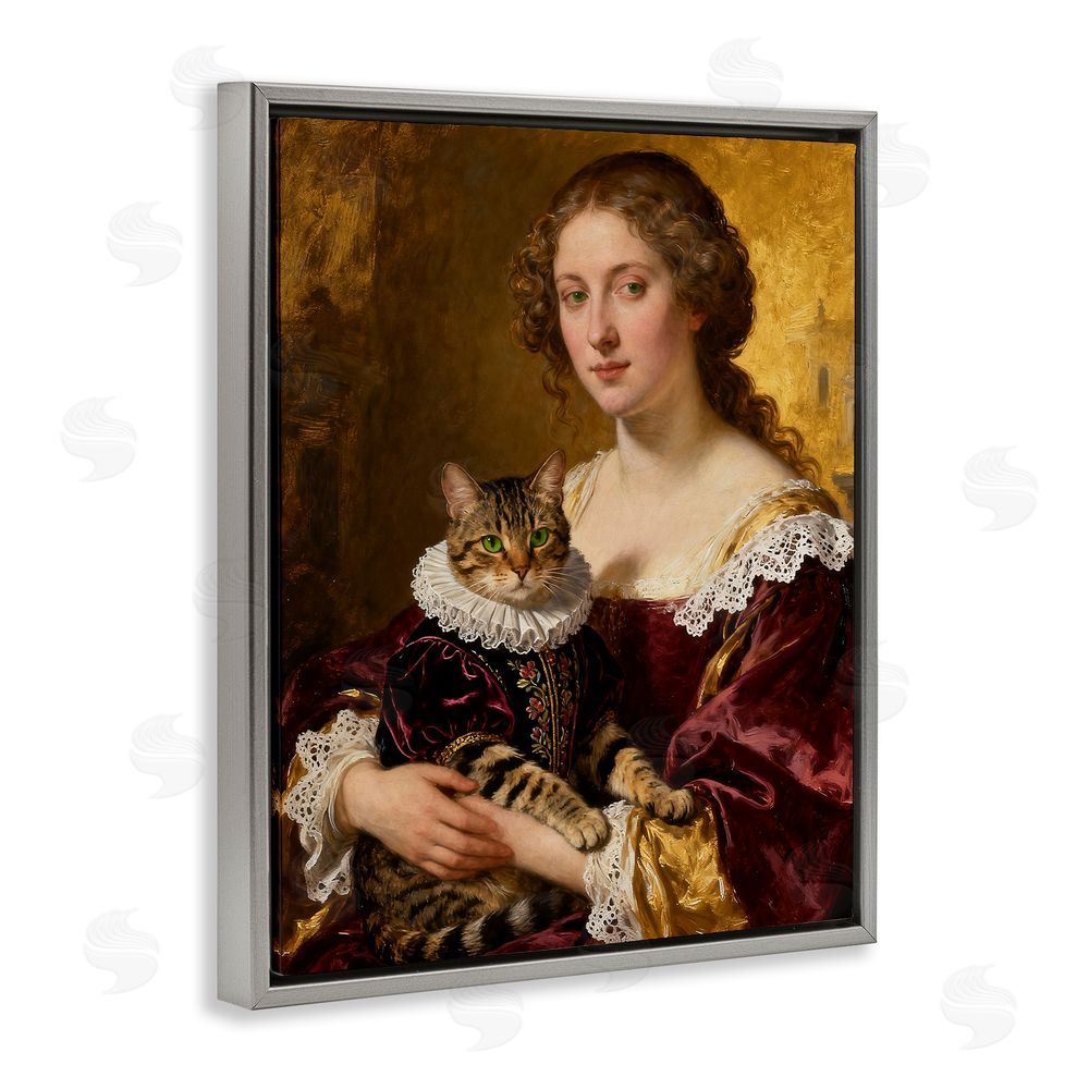 CAD Designs Renaissance Lady with Regal Cat Gray Floating Frame Canvas Wall Art Print