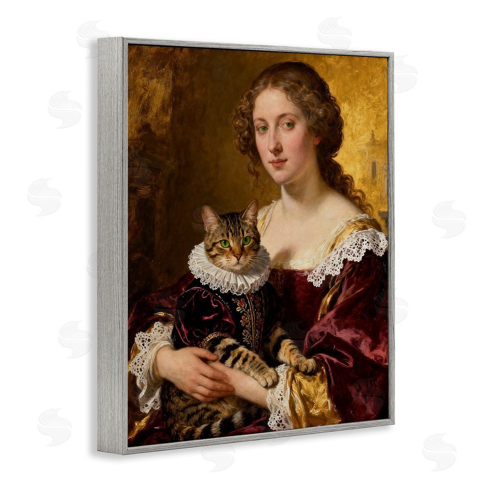 CAD Designs Renaissance Lady with Regal Cat Gray Framed Giclee Wall Art Print