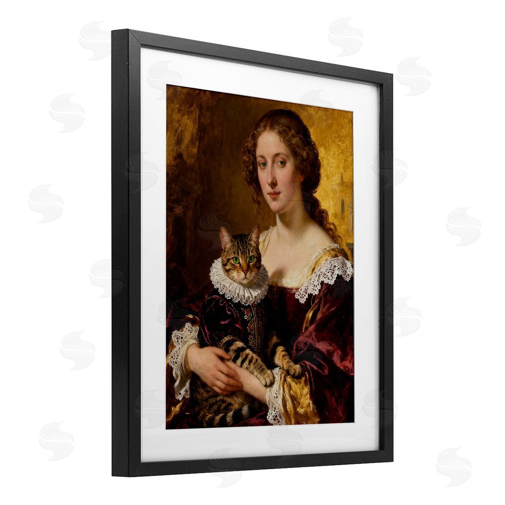 CAD Designs Renaissance Lady with Regal Cat Black Framed Print Under Glass Wall Art