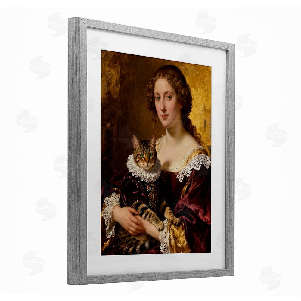 CAD Designs Renaissance Lady with Regal Cat Gray Framed Print Under Glass Wall Art