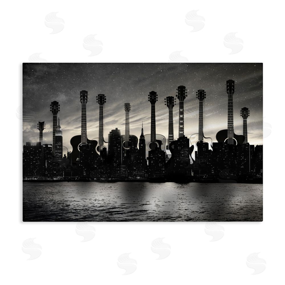 CAD Designs Guitar Skyline Cityscape Stretched Canvas Wall Art Print