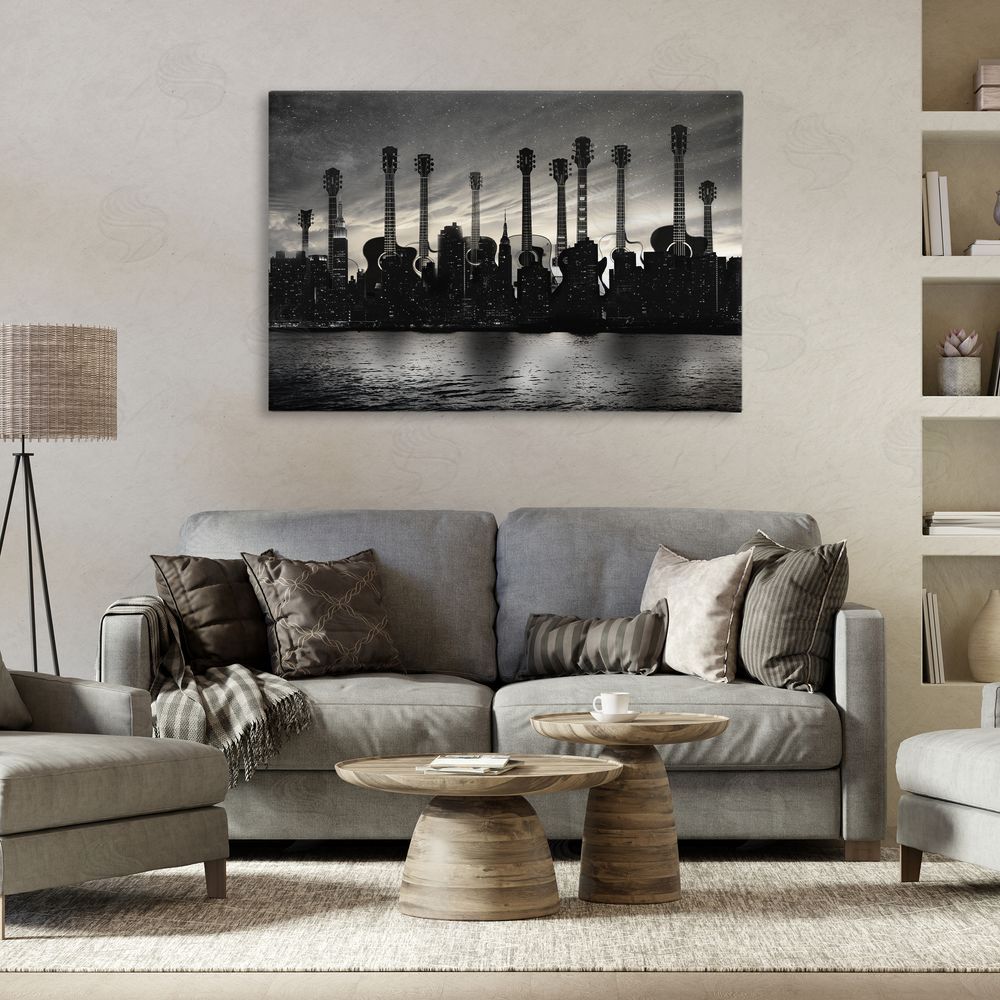 CAD Designs Guitar Skyline Cityscape Stretched Canvas Wall Art in Room