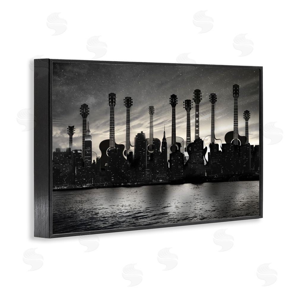 CAD Designs Guitar Skyline Cityscape Black Framed Giclee Wall Art Print