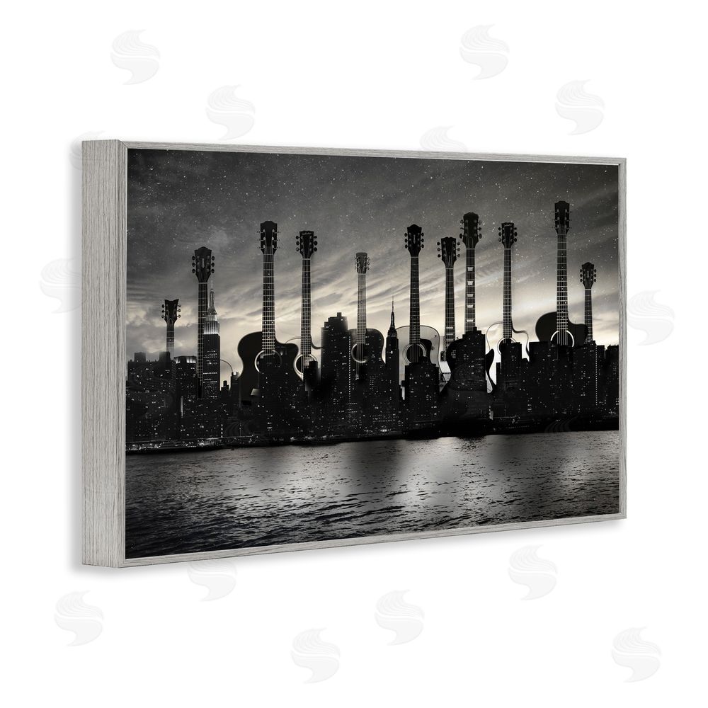 CAD Designs Guitar Skyline Cityscape Gray Framed Giclee Wall Art Print